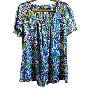 Boho Mosaic Lemon Grass Studio Women's XL Blue Green Cotton Button Down Top